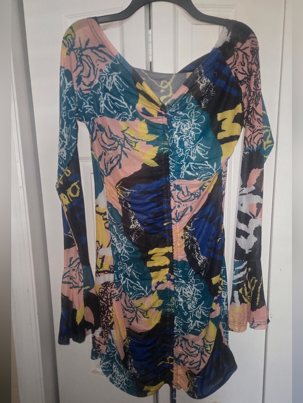 Multi-Color Abstract Floral Ruched Long Sleeve Dress - Picture 2 of 2